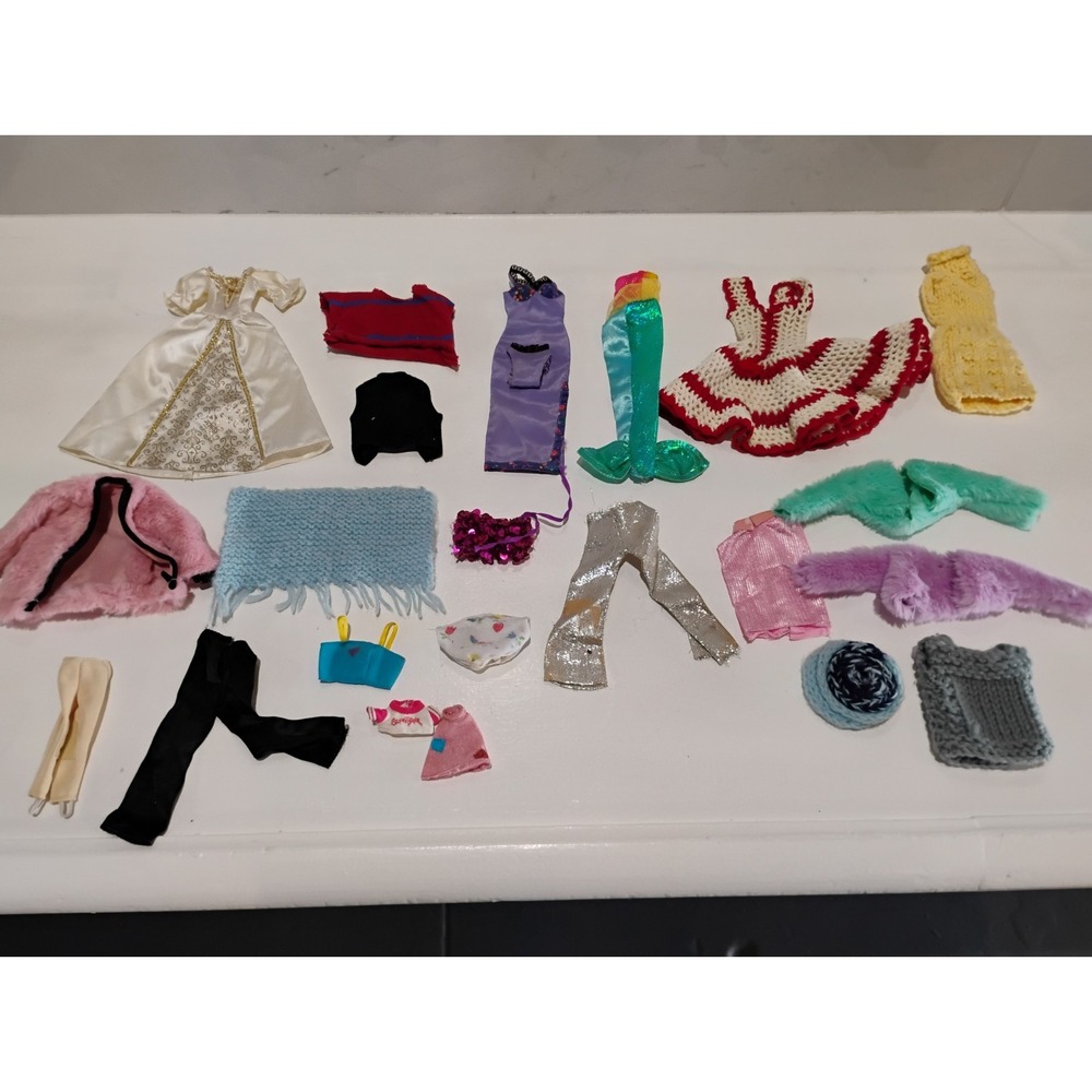 21 Vintage Doll Clothes Mixed Wedding Gown Crochet Barbie Storage Bag Lot 5